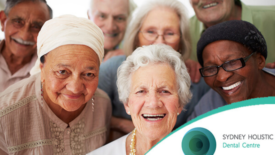 Happy elderly people smiling together