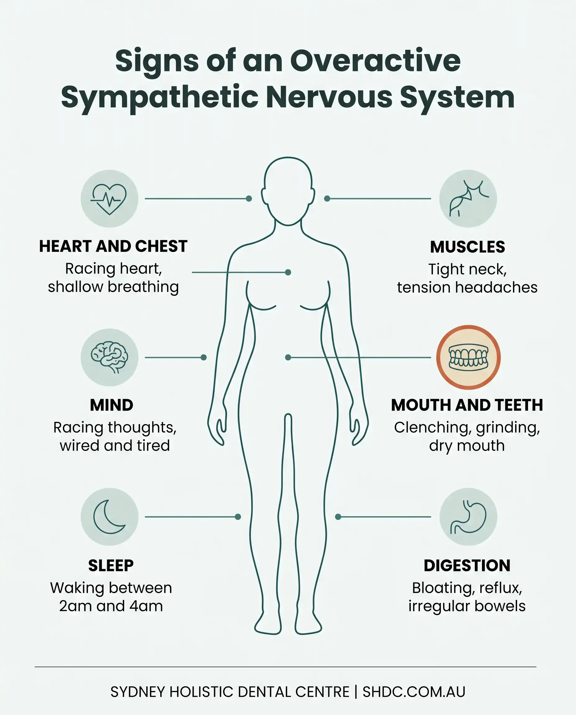 Body map showing signs of an overactive sympathetic nervous system including racing heart, broken sleep, jaw clenching, dry mouth and digestive upset
